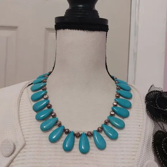 SOLD Teardrop Howlite Turquoise Purple Freshwater Pearl Fringed Collar Necklace - Picture 2 of 7